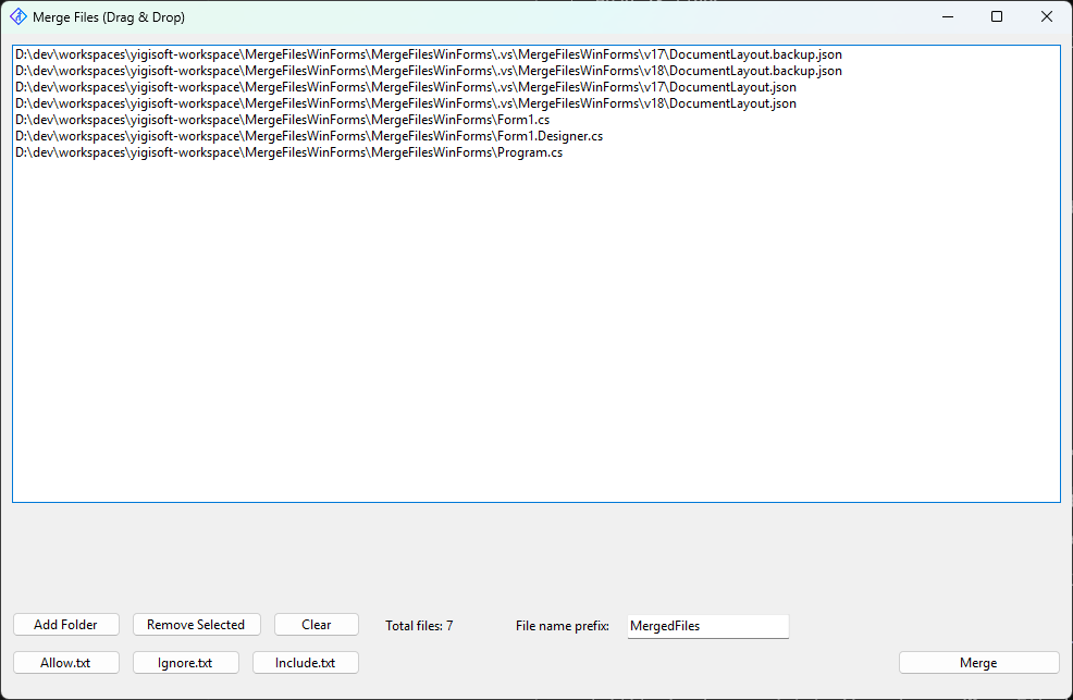 MergeFiles WinForms - Classic Windows Forms UI
